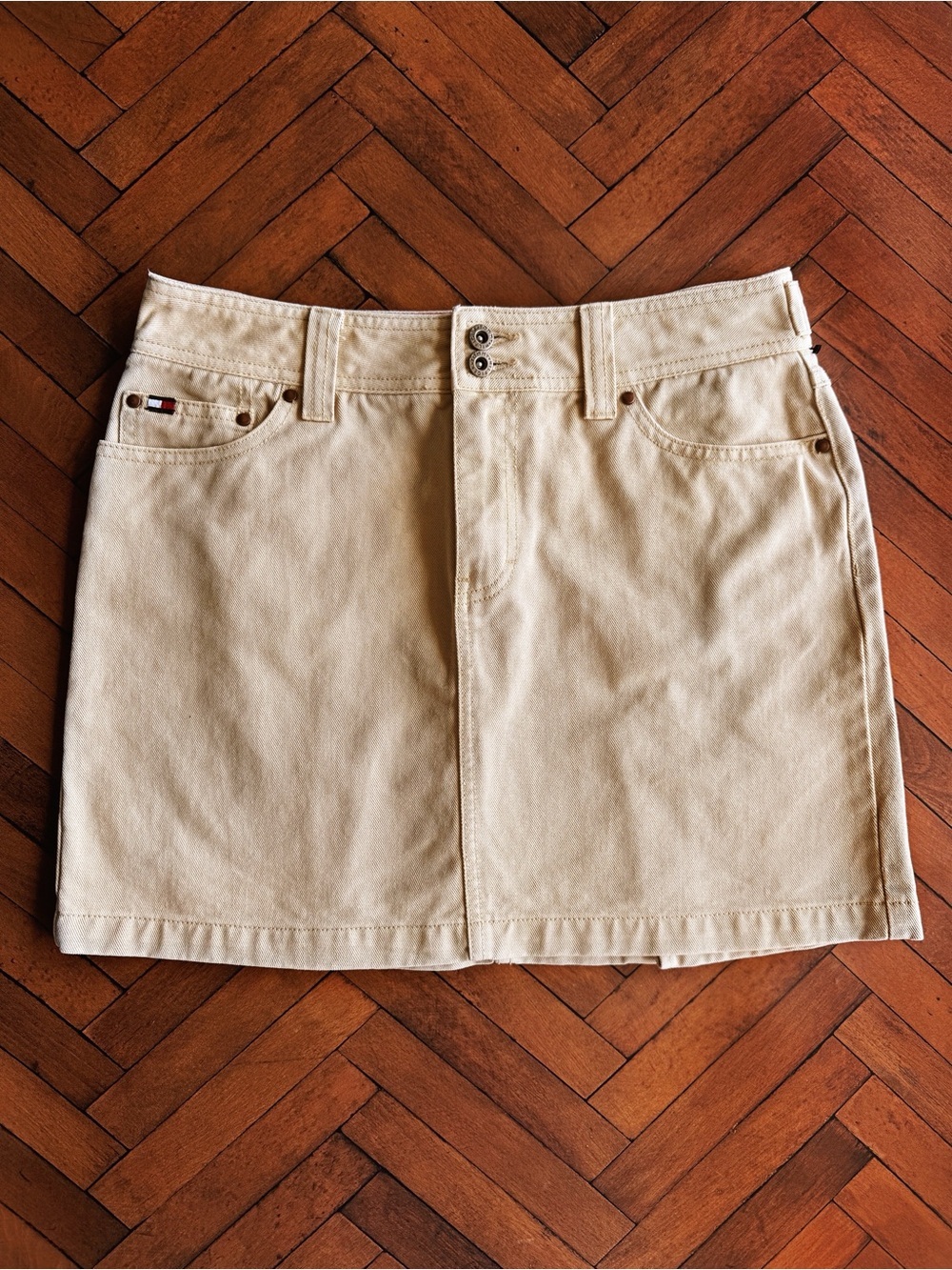 Sz 8P Vtg Y2K Tommy Hilfiger 100% Cotton Khaki Panelled Utility Mini Skirt EUC
